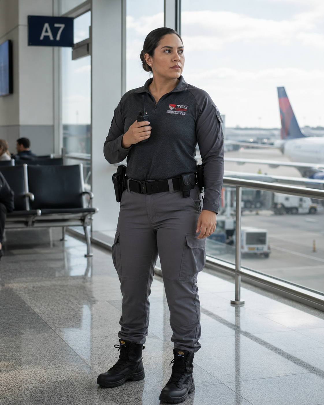 Guardia TSG en terminal aeroportuaria con uniforme reflejante