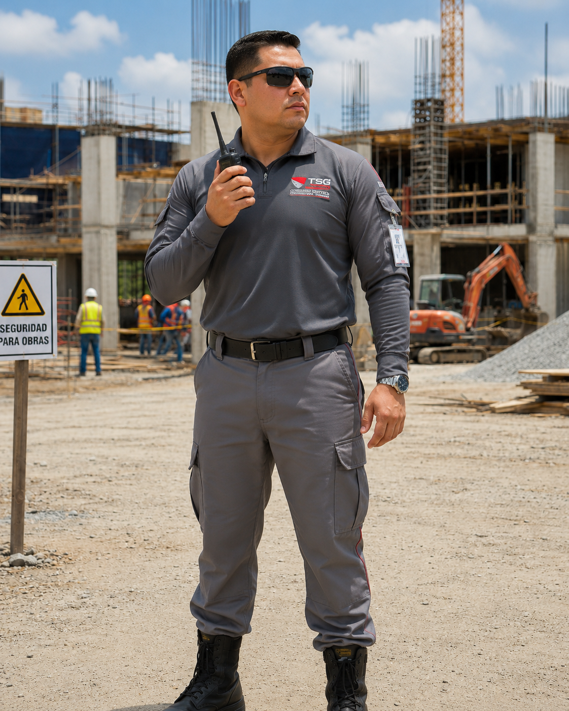 Guardia TSG en obra de construcción con casco y equipo de seguridad
