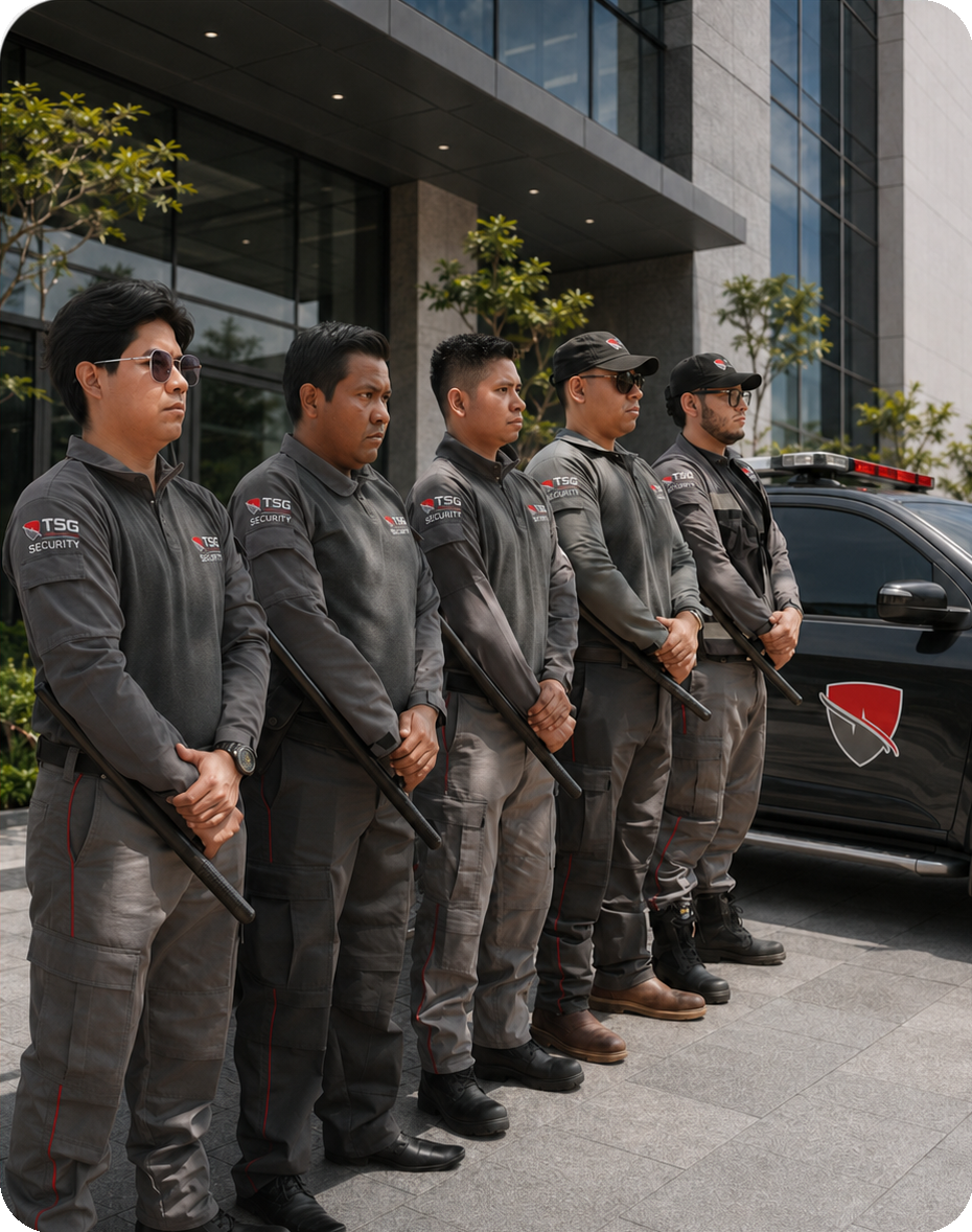 Equipo de guardias TSG en formación frente a un edificio corporativo con unidad de patrullaje