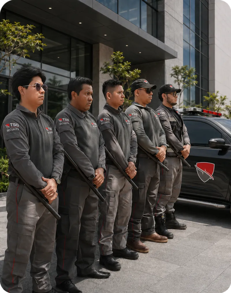 Equipo de guardias TSG en formación frente a un edificio corporativo con unidad de patrullaje